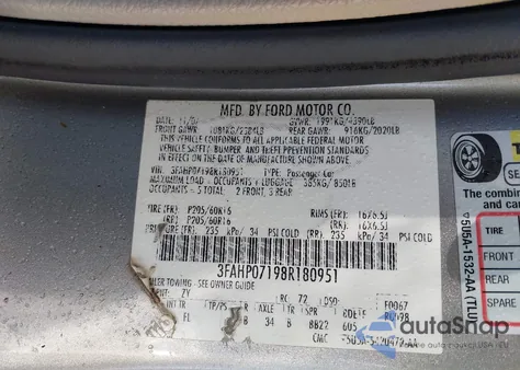 2008 Ford Fusion Se z USA, uszkodzony, nr VIN 3FAHP07198R180951